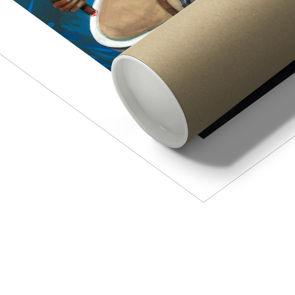 A rolled-up cardboard tube rests on the edge of Prodigi’s Preaching to the Choir art print, partially visible against a white background.