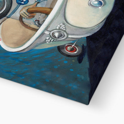 Close-up of Preaching to the Choir by Jarrod Eastman—features a vintage car with a hand on the steering wheel and a headlight, parked near water with blue reflections. Partial interior and exterior details are visible.