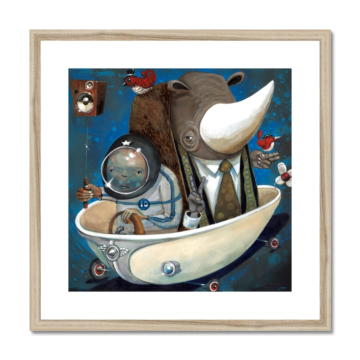 Preaching to the Choir by Jarrod Eastman: surreal contemporary painting of a suited rhino riding in a bathtub-like vessel with an astronaut and whimsical birds, rich in playful detail.