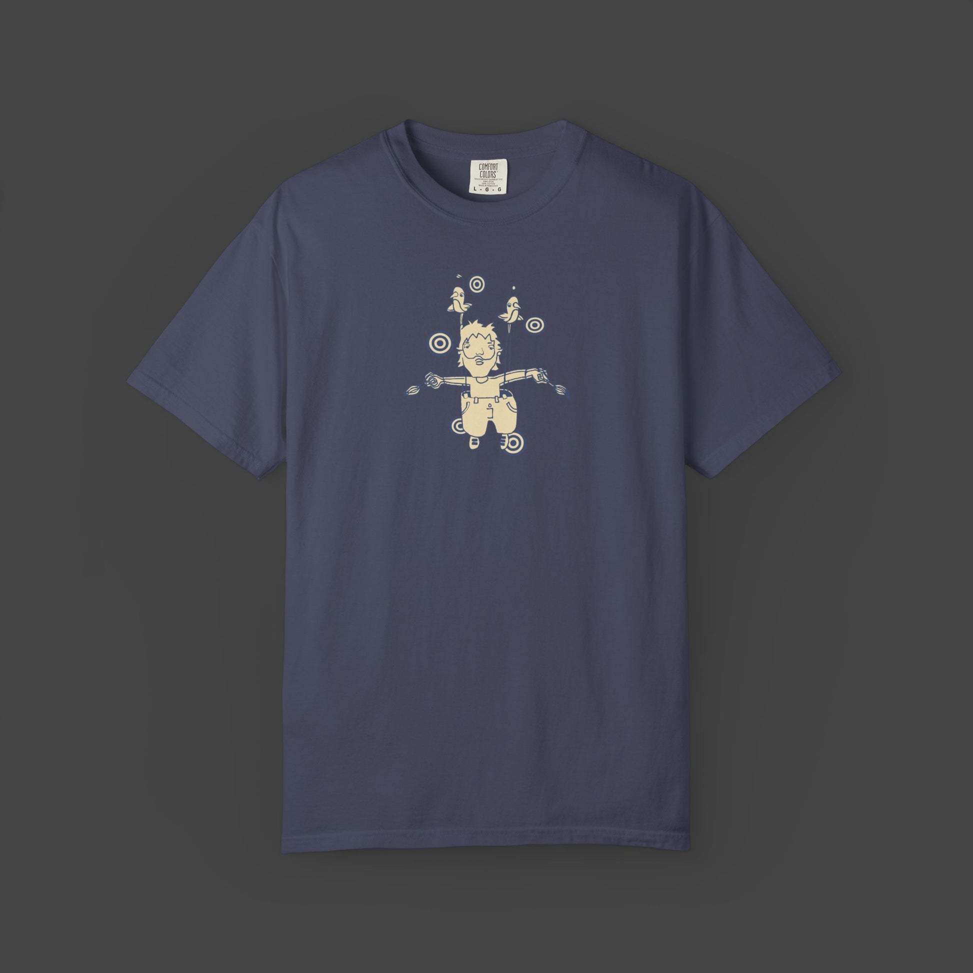 The “Surreal, inspirational, and funny Unisex T-shirt - The Day I Learned to Fly by Jarrod Eastman features a surreal, cartoon-style flying figure with birds