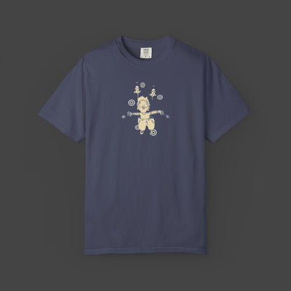 The “Surreal, inspirational, and funny Unisex T-shirt - The Day I Learned to Fly by Jarrod Eastman features a surreal, cartoon-style flying figure with birds