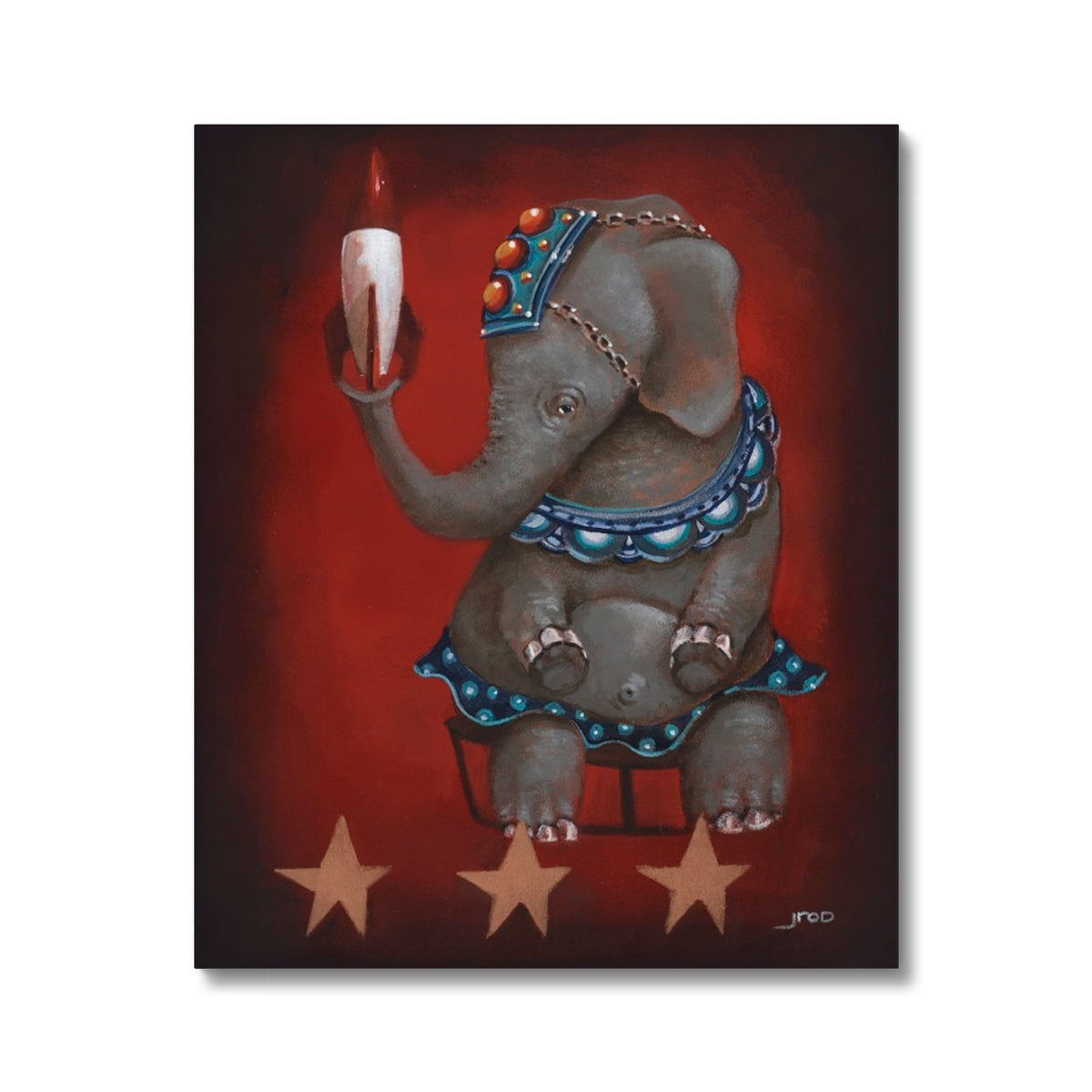 Whimsical circus elephant painting holding a rocket with bold retro flair.