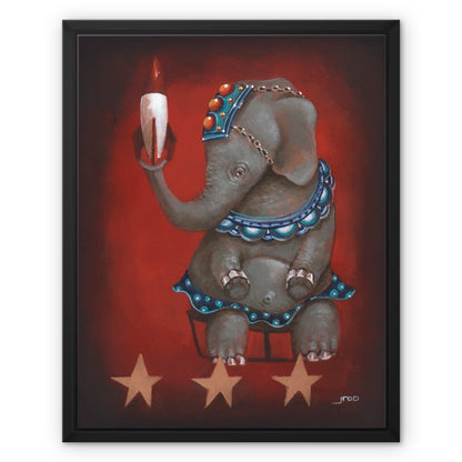 Bombshell by jarrod eastman features a circus elephant in blue balancing on a stool, holding a red-and-white rocket, set against a deep red background with three gold stars. Giclée printed on fine art paper.