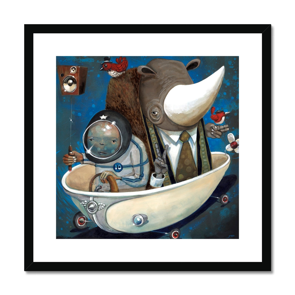 Preaching to the Choir by Jarrod Eastman features a whimsical rhino in a suit and a child in a spacesuit, seated in a wheeled bathtub with objects, a bird perched on the rhino’s shoulder, all set against a blue background.