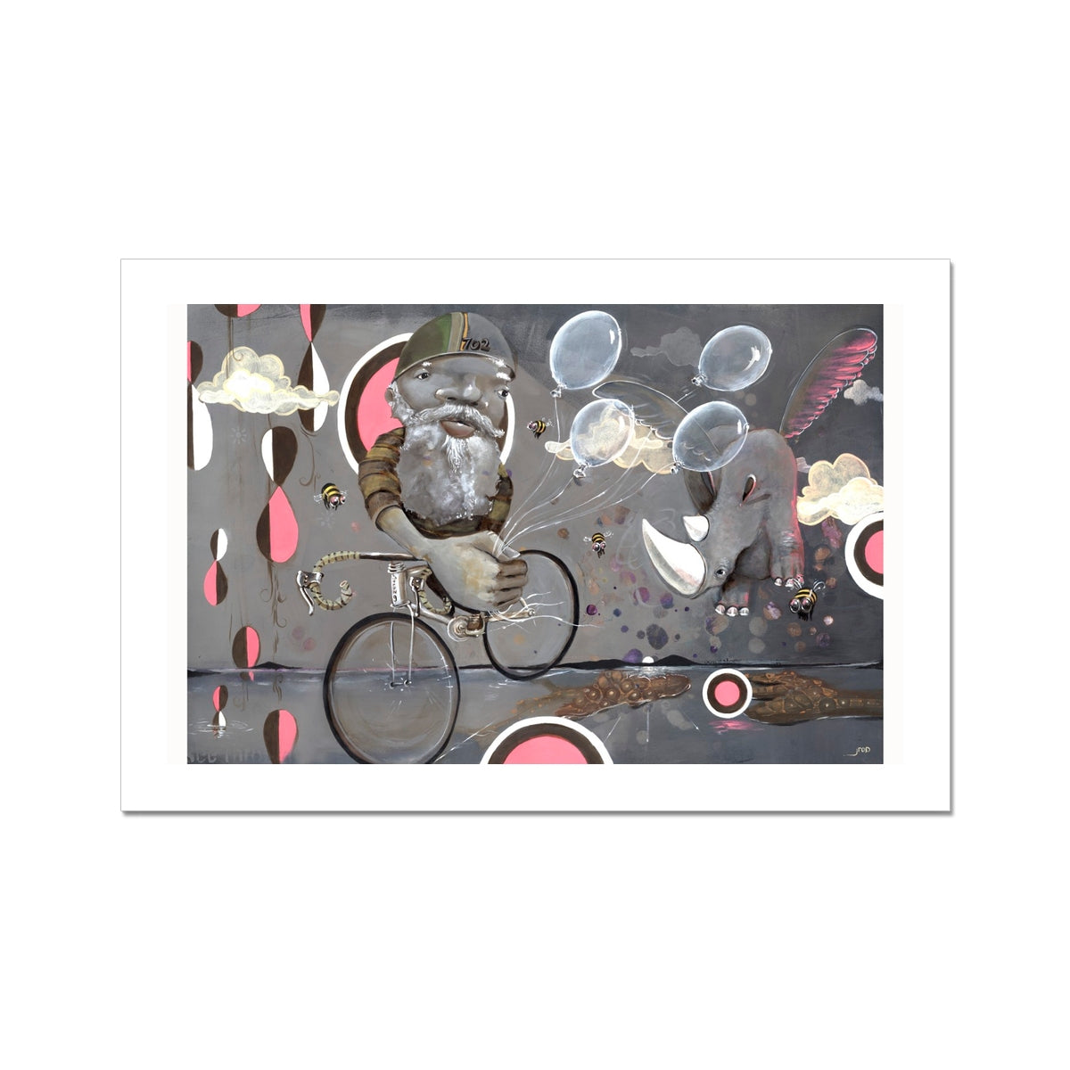 Beyond Ice Cream Island by Prodigi: A whimsical scene of a bearded man cycling among bubbles, clouds, an elephant, and abstract shapes on a gray background with pink and white accents, giclée printed on Hahnemühle German Etching fine art paper.