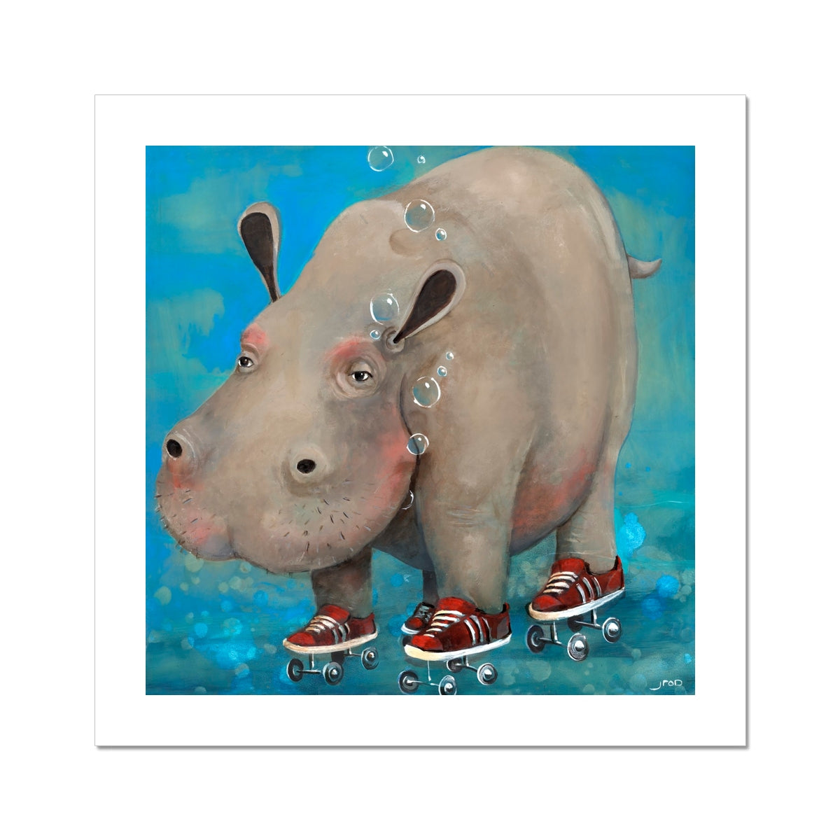 Hippopotamus Rollerskatius by Jarrod Eastman: whimsical painting of a hippo underwater wearing roller skates, surreal contemporary art with playful charm.