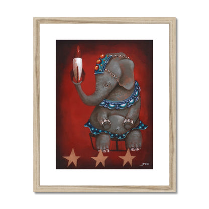 Whimsical circus elephant painting holding a rocket with bold retro flair. framed in a natural frame
