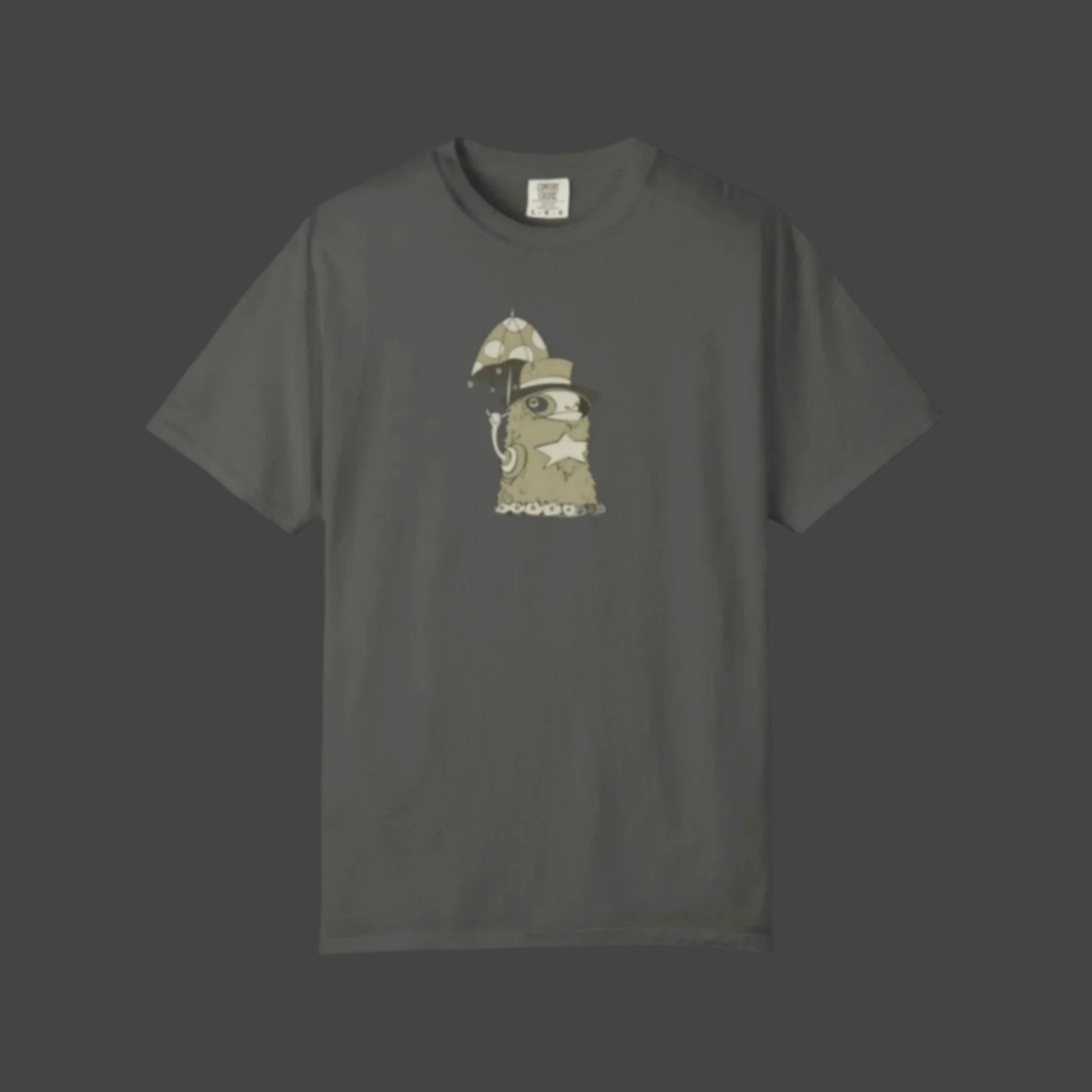 The Funky Monster T-shirt – Uptown Lester Design by Printify features a dark gray cartoon slug in a helmet and monocle, holding an ornate umbrella with a chain, capturing playful New Orleans monster vibes in a unique artistic style.