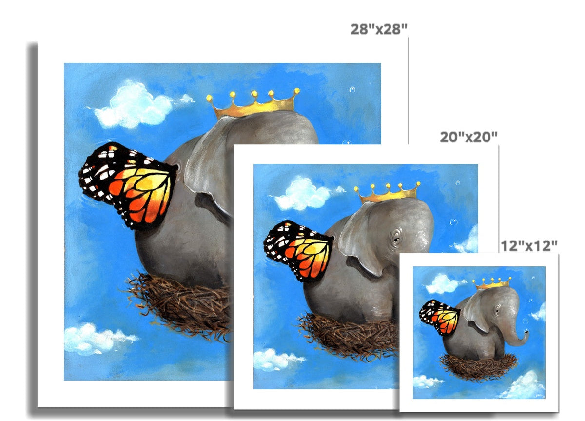"Surreal elephant with monarch wings and crown resting in a nest of dreams." 3 sizes