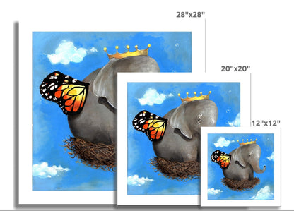 "Surreal elephant with monarch wings and crown resting in a nest of dreams." 3 sizes