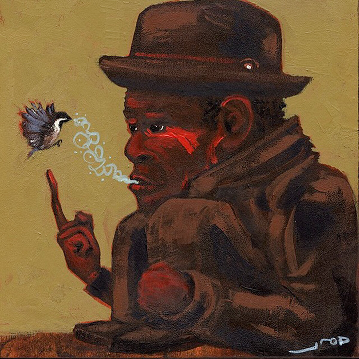 “You Were Born With Wings” by jarrodeastman is an original acrylic painting showing a person in a brown hat and coat crouching, pointing upward as they exhale smoke forming a bird, all set against an olive background.