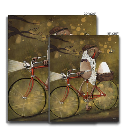 Spokes Malone by Jarrod Eastman: whimsical painting of a bird dressed in tie and cap riding a red bicycle with a nest holding an egg, playful surreal art two canvas sizes
