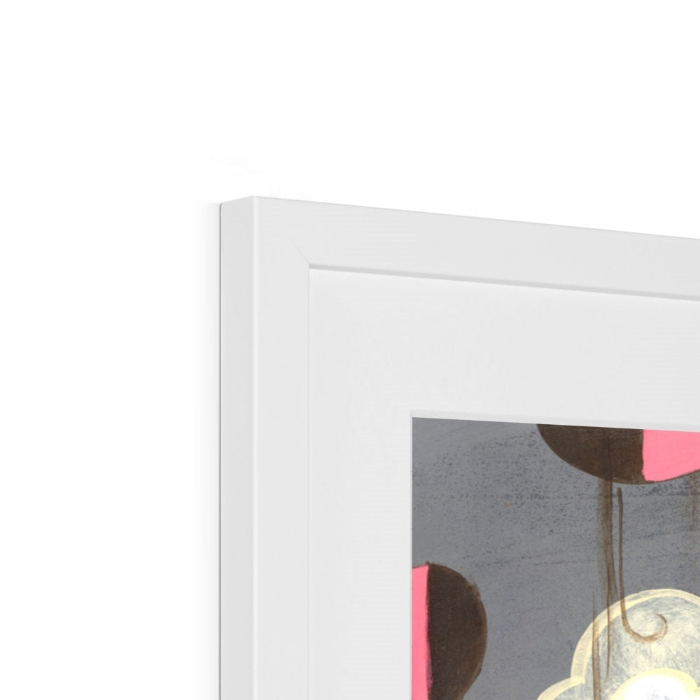 Close-up of the top left corner of Prodigis Beyond Ice Cream Island art print—abstract forms in dark gray, pink, and cream on fine art paper. Giclée printing; only part of the artwork is visible in a white rectangular frame.
