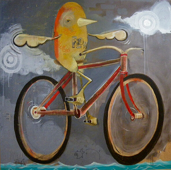 Better View Desired by jarrodeastman is a whimsical acrylic painting featuring a bird with human-like arms riding a red bicycle through the sky above blue water and clouds—an enchanting piece of original art.