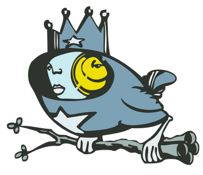 A whimsical blue bird with a human-like face, wearing a crown and holding a branch with its claws. The bird has a star on its chest and a yellow circular eye.