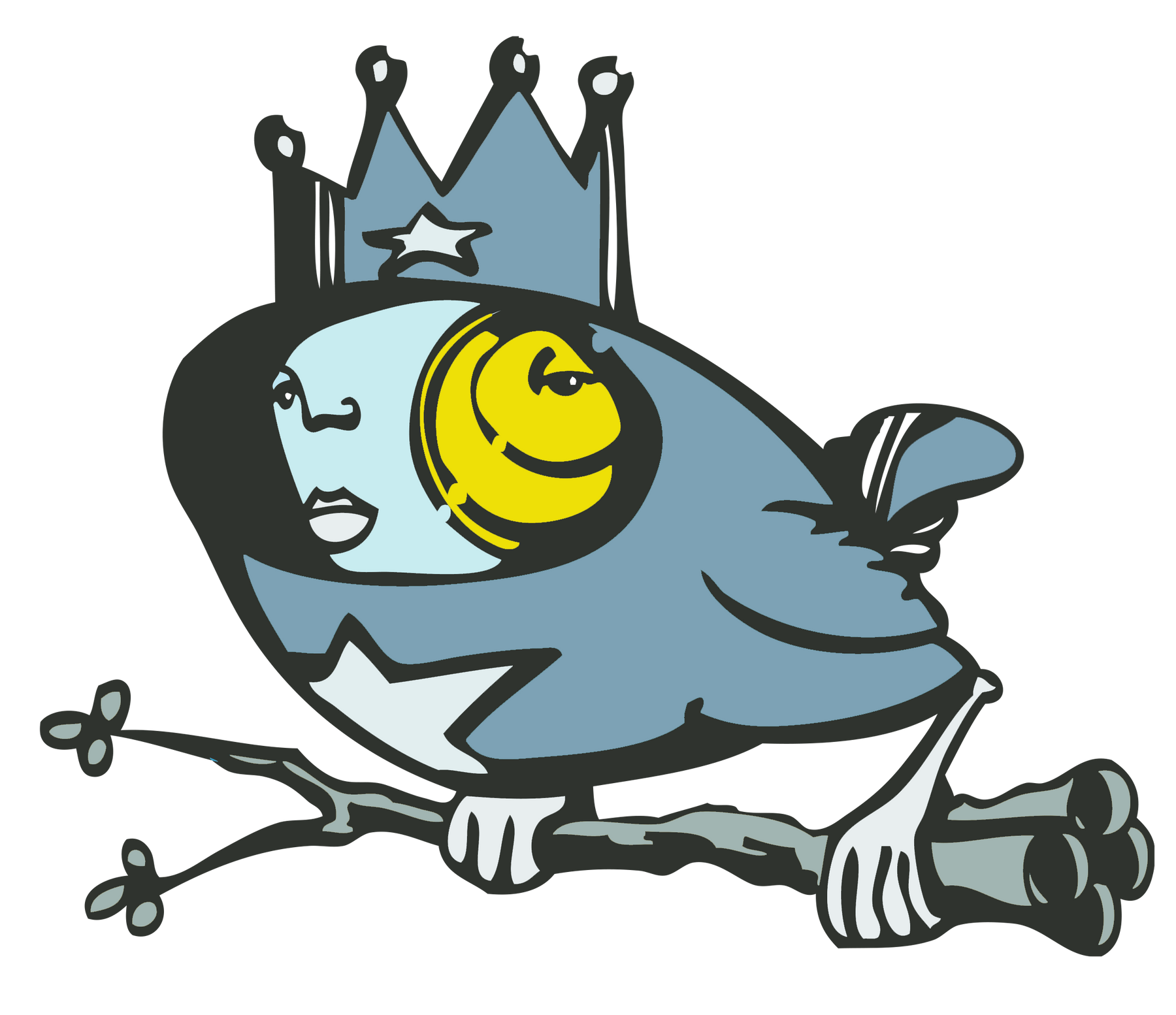 A whimsical blue bird with a human-like face, wearing a crown and holding a branch with its claws. The bird has a star on its chest and a yellow circular eye.