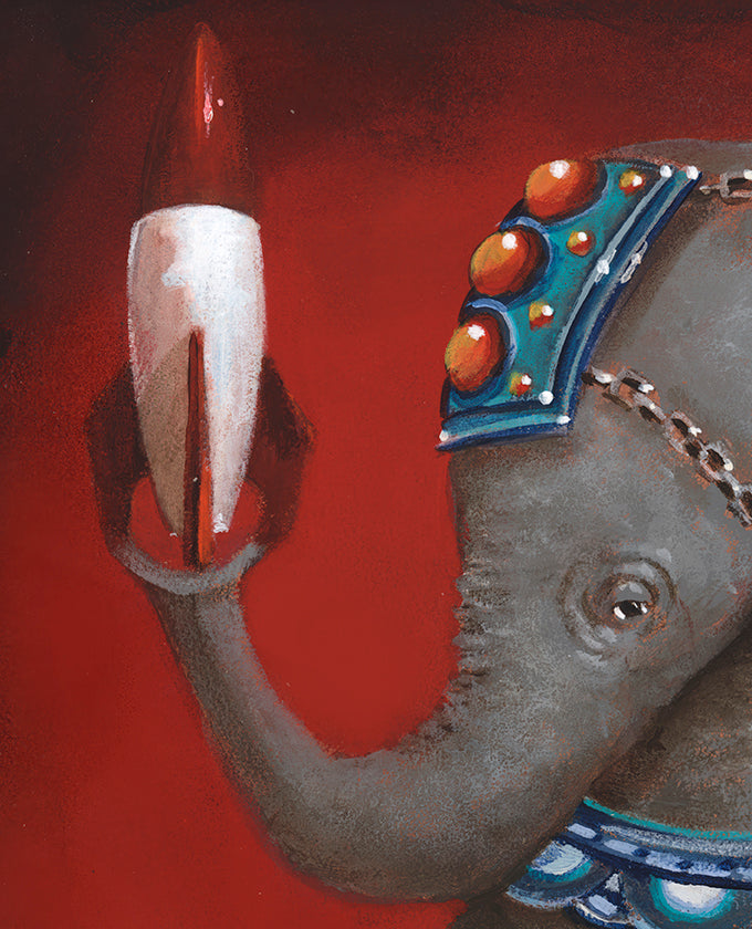 Bombshell by jarrod eastman features an elephant holding a red and white rocket with its trunk, adorned in colorful harnesses against a vivid red backdrop—archivally reproduced on fine art paper.