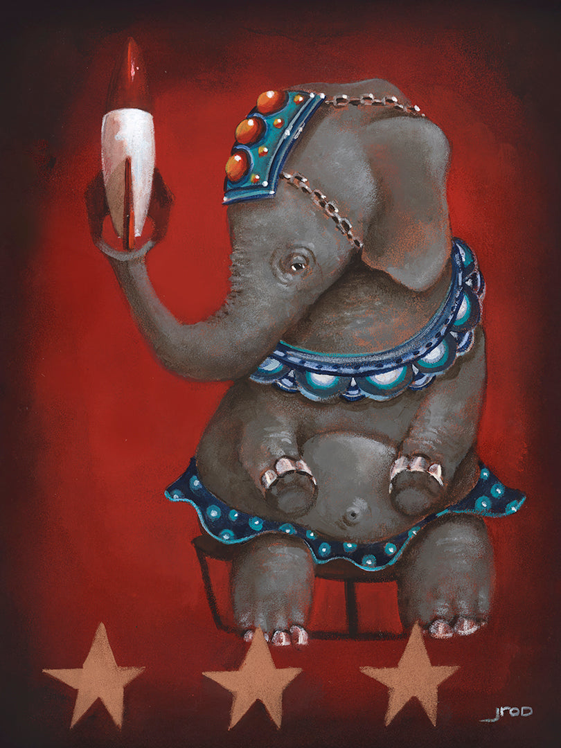 Bombshell features a gray circus elephant on a stool, dressed in blue and red with a red-and-white rocket, set against a deep red background with three gold stars. Archival quality reproduction on fine art paper.
