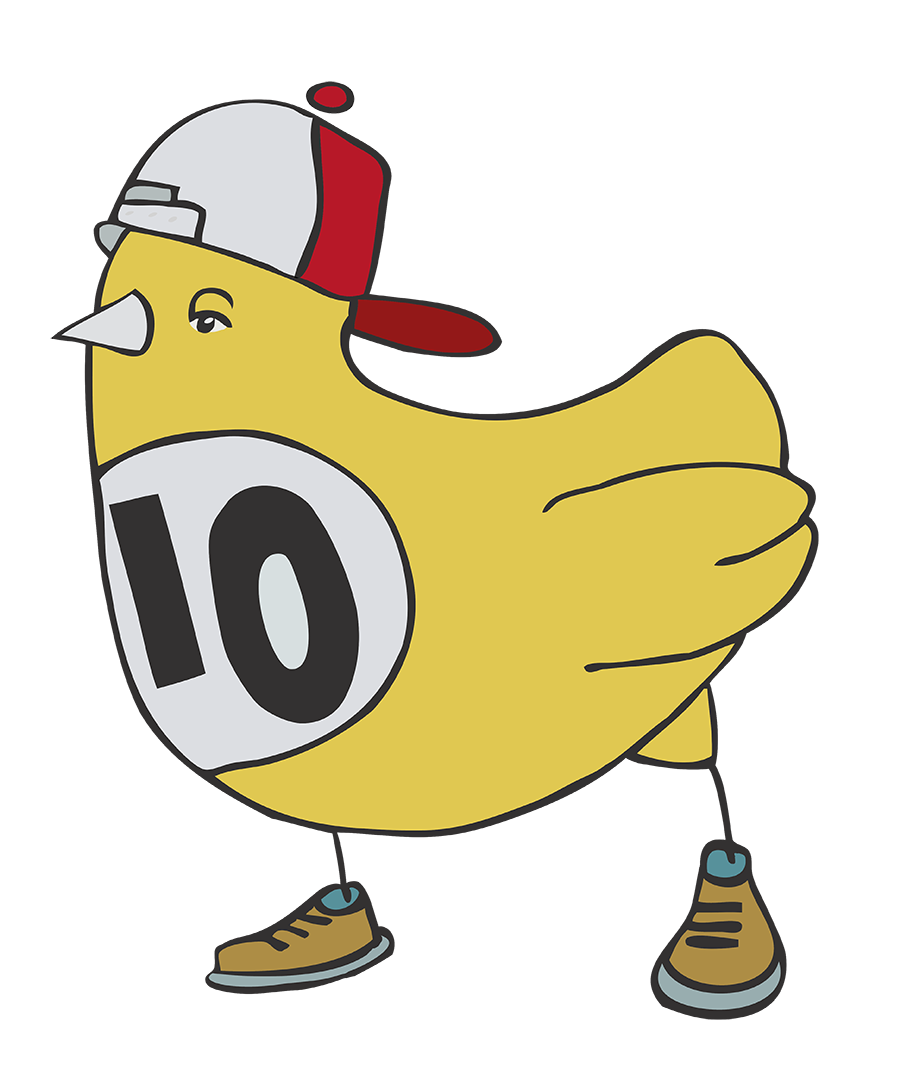 A yellow cartoon bird wearing a red and white cap, brown sneakers, and a jersey with the number 10, walking with a confident expression.