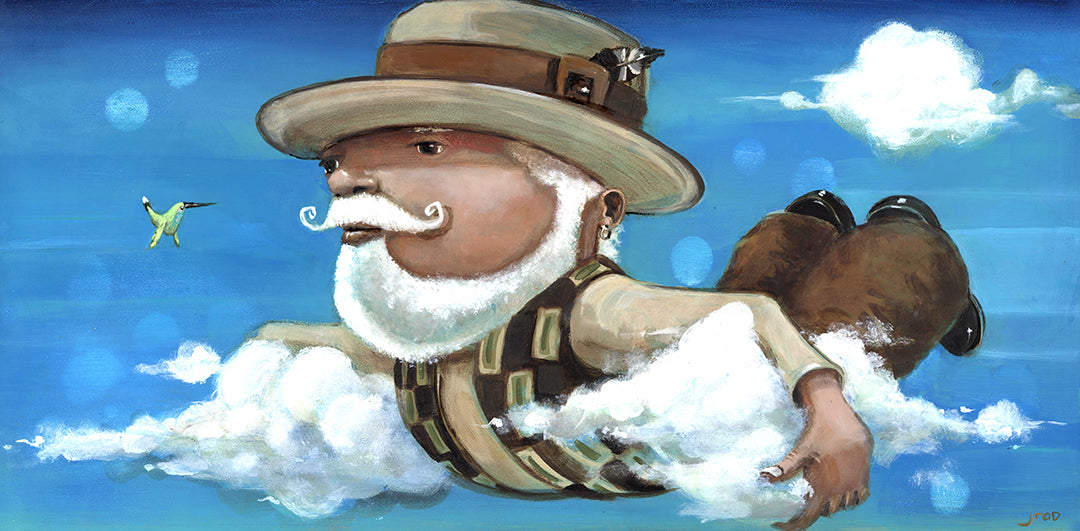 Floating and Fluttering by Prodigi features a bearded man with a hat soaring among clouds. Archival-quality giclée prints on fine art paper capture every vibrant detail and dreamy hue of this whimsical artwork.