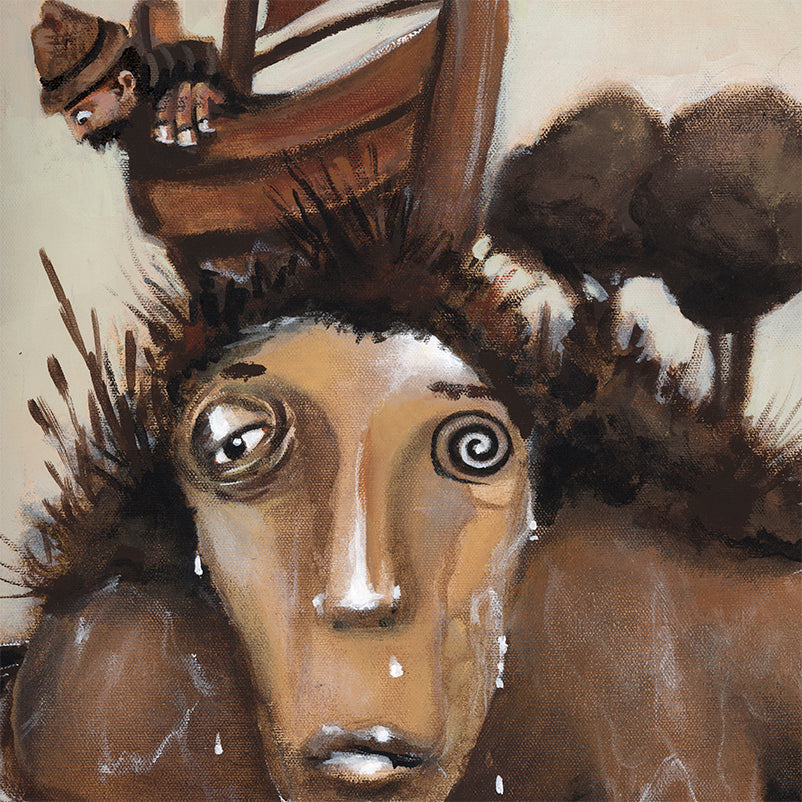 Full Circle by jarrodeastman is an acrylic painting featuring a large, teary-eyed face with a spiral in one eye blending into the landscape, a small figure above a wooden structure, and dark trees in the background.