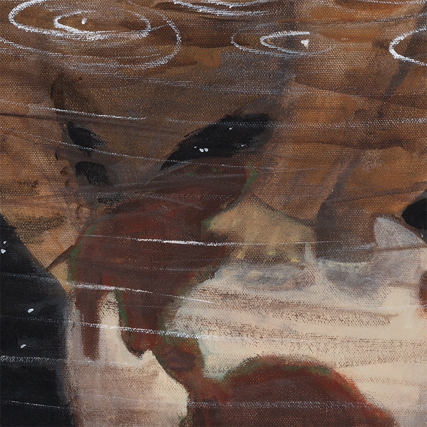 Full Circle by jarrodeastman is an original acrylic painting with a brown-toned surface, white lines, circular ripples evoking water movement, and layers of dark shapes and light patches.