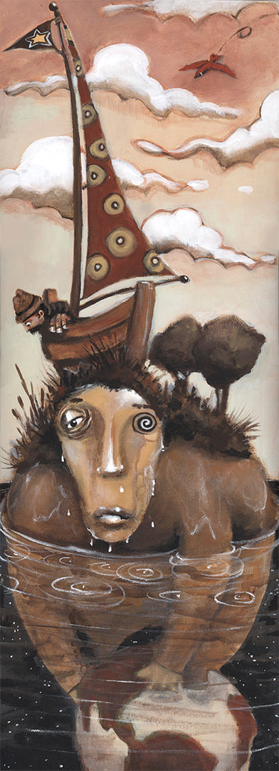 man sitting on world with another tiny man in a boat on his head it is a surreal acrylic painting by Jarrod Eastman