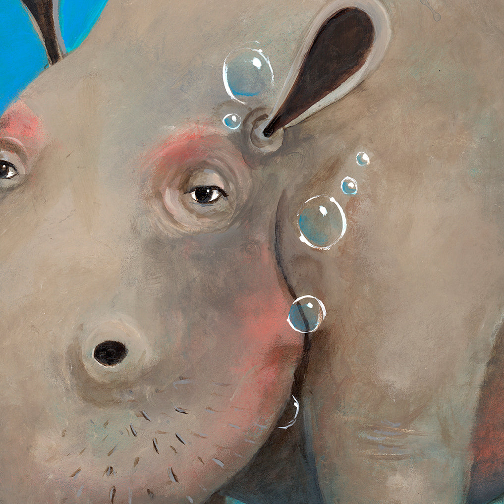 A close-up of Hippopotamus RollerSkatius by jarrodeastman shows its gentle face underwater with bubbles near the ear and cheek, blue background, and soft pink shading around eyes and cheeks.