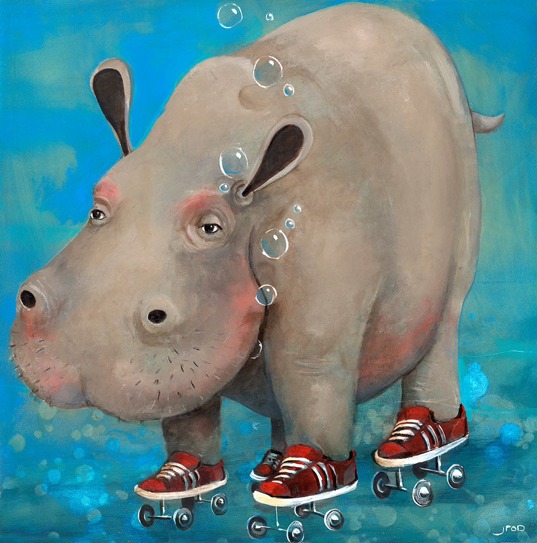 Hippopotamus RollerSkatius by jarrodeastman features a cartoon hippo in red sneakers and roller skates standing underwater with bubbles, all set against a blue background.