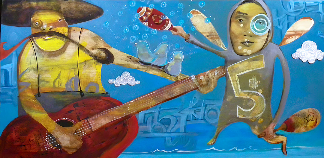 Agave Spitits by jarrodeastman: A surreal acrylic of a mustached man with a red guitar beside a winged figure in a bold “5” costume holding a maraca, set against abstract shapes and small white clouds on blue.