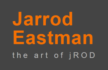 Text on a dark background reads Jarrod Eastman in large orange letters and the art of jROD in smaller white letters below.