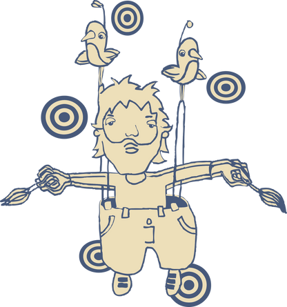 A whimsical cartoon figure with a mustache stands with arms outstretched, holding paintbrushes. Two birds perch on poles attached to the figures shoulders. Circular target shapes float around them.