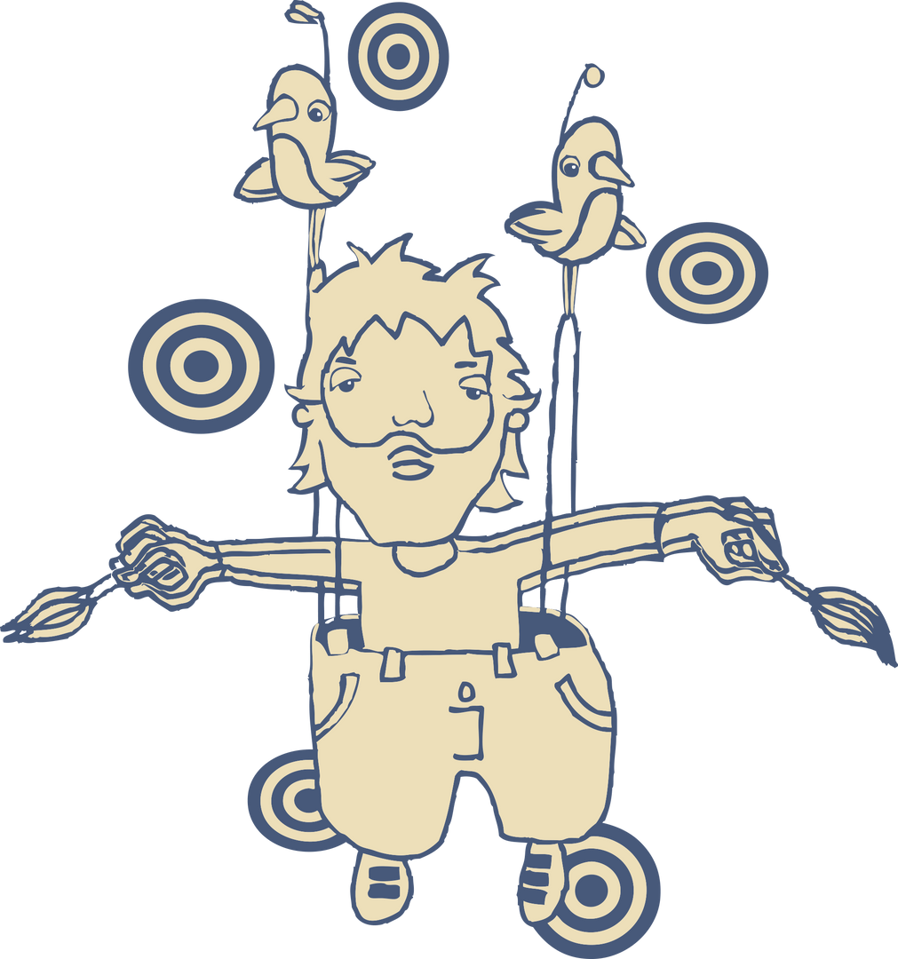 A whimsical cartoon figure with a mustache stands with arms outstretched, holding paintbrushes. Two birds perch on poles attached to the figures shoulders. Circular target shapes float around them.