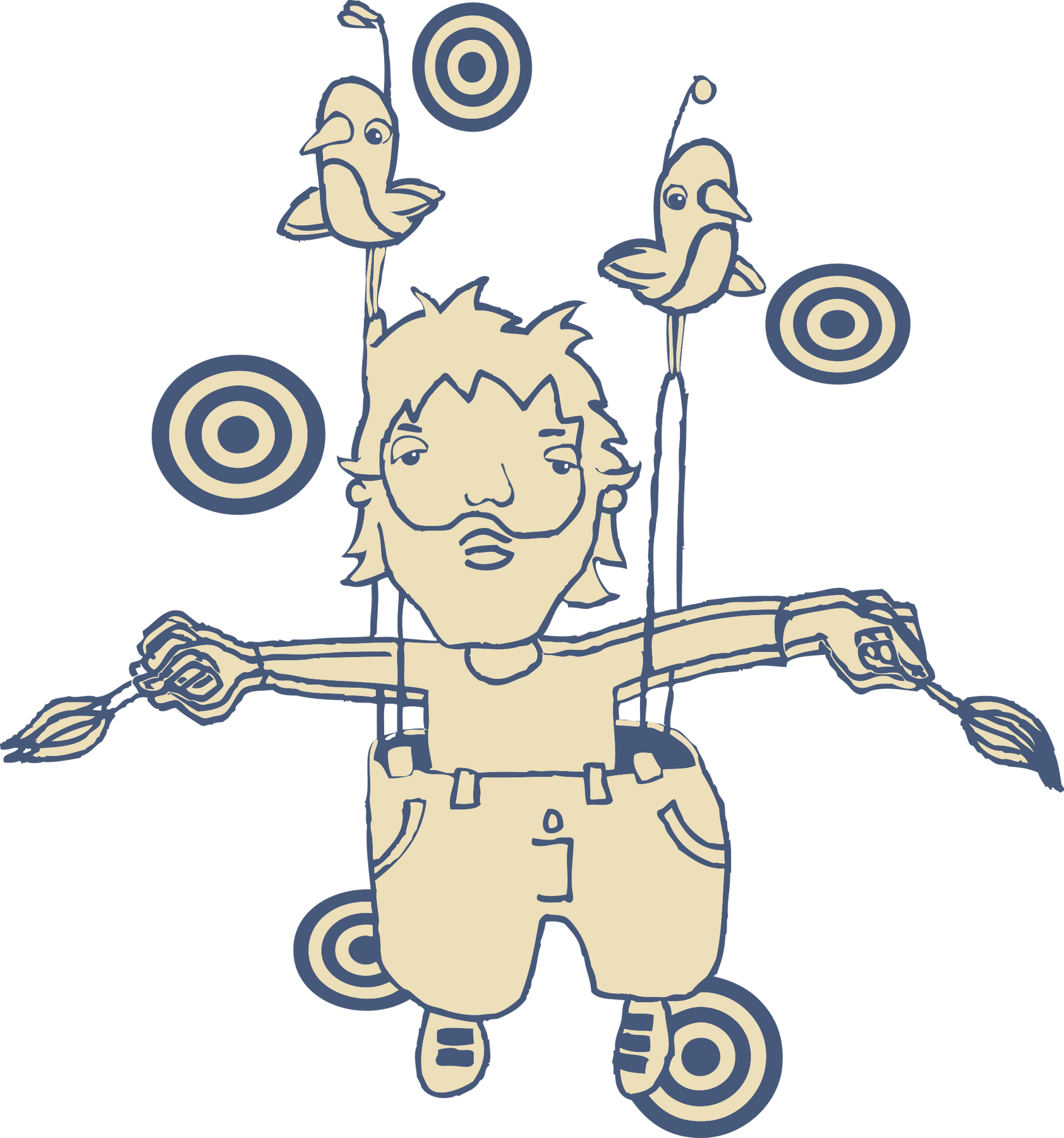 A whimsical cartoon figure with a mustache stands with arms outstretched, holding paintbrushes. Two birds perch on poles attached to the figures shoulders. Circular target shapes float around them.