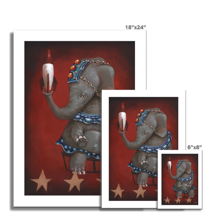 Whimsical circus elephant painting holding a rocket with bold retro flair. three sizes.
