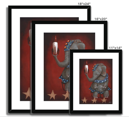 Whimsical circus elephant painting holding a rocket with bold retro flair. 3 sizes framed
