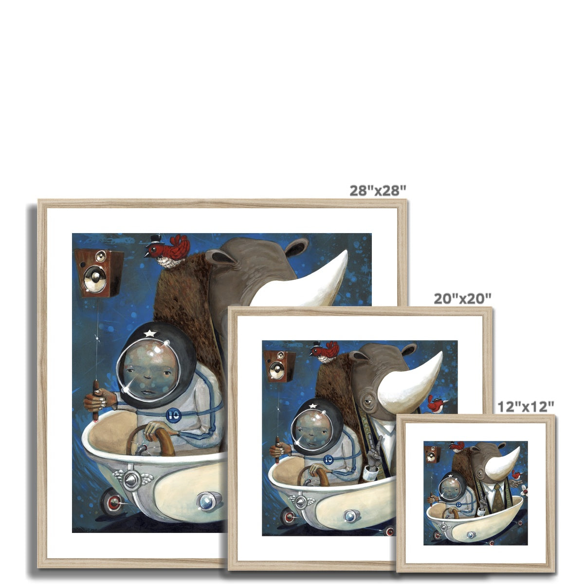 The Preaching to the Choir framed prints by Jarrod Eastman feature whimsical art of a child in a bathyscaphe suit, a rhinoceros, and a bird in space, available in 28x28, 20x20, and 12x12 sizes.
