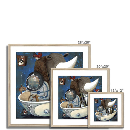 The Preaching to the Choir framed prints by Jarrod Eastman feature whimsical art of a child in a bathyscaphe suit, a rhinoceros, and a bird in space, available in 28x28, 20x20, and 12x12 sizes.