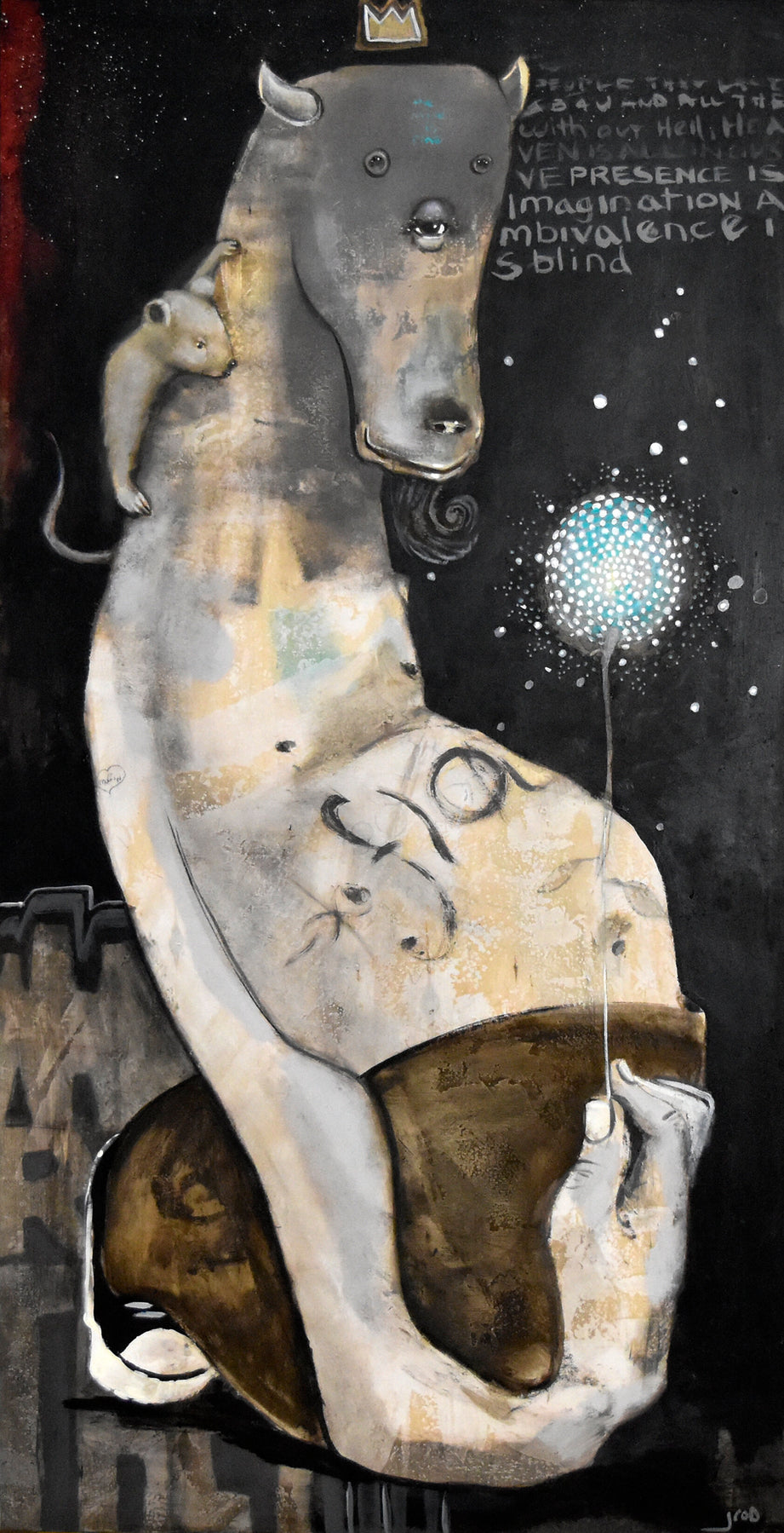 “A Most Unusual Creature” by jarrodeastman: An original acrylic painting on board featuring a crowned, human-bodied horse with a mouse and glowing orb amid abstract patterns above a cityscape. Free US shipping included.