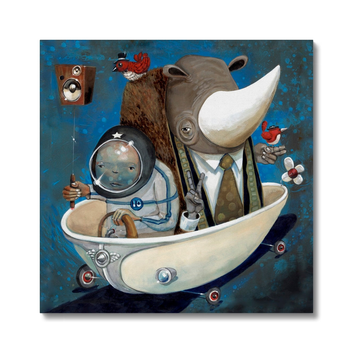Preaching to the Choir features a playful child astronaut and a suited rhino riding in a flying bathtub, surrounded by birds and quirky gadgets against a starry blue backdrop.