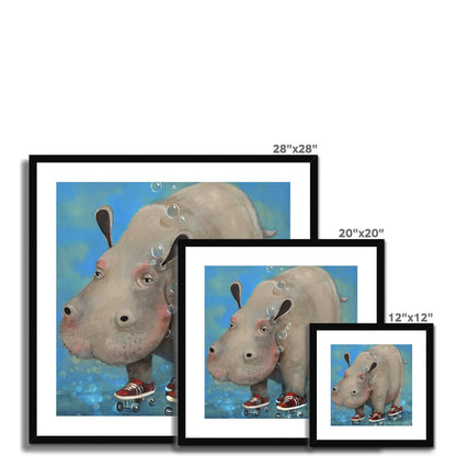 Hippopotamus Rollerskatius by Jarrod Eastman: whimsical painting of a hippo underwater wearing roller skates, surreal contemporary art with playful charm. 3 sizes displayed.
