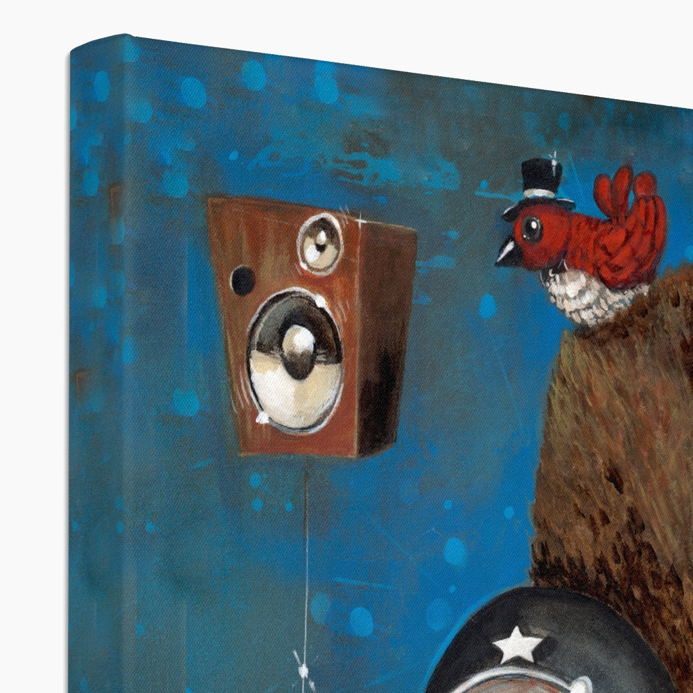 Preaching to the Choir features a red bird in a black top hat on a brown surface beside a suspended wooden speaker with two circular elements, all set against an abstract blue background.