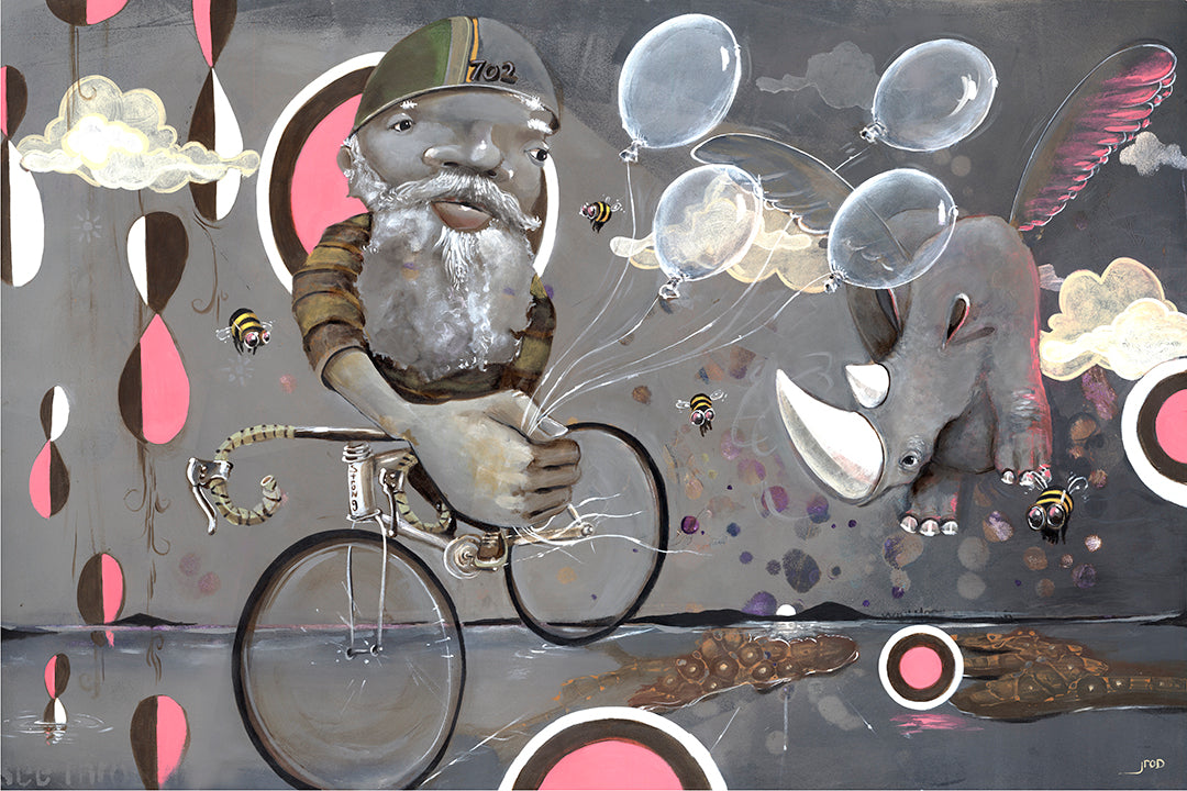 Beyond Ice Cream Island by Prodigi: A surreal scene of a bearded man on a bicycle with cheetah legs, balloons, bees, and a flying rhino amid abstract clouds—printed on Hahnemühle German Etching paper for vibrant giclée quality.