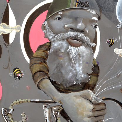 Beyond Ice Cream Island by Prodigi: A whimsical giclée print on fine art paper depicts a bearded man in a green cap labeled 702, holding a hose amid buzzing bees, set against a gray background with pink circles and abstract shapes.