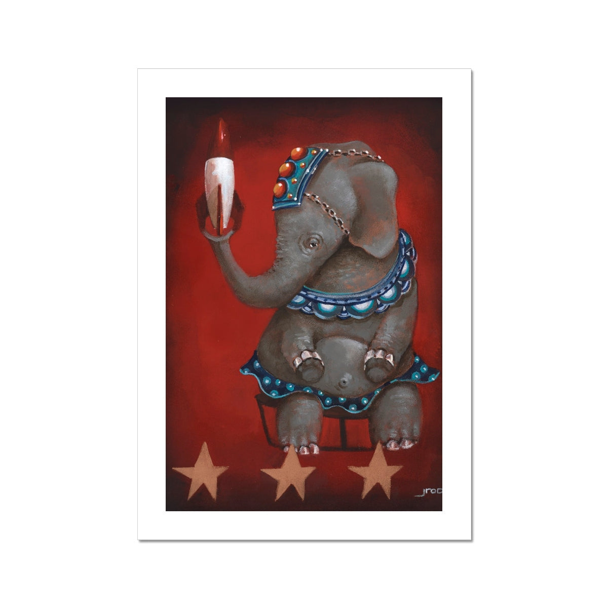 Whimsical circus elephant painting holding a rocket with bold retro flair.
