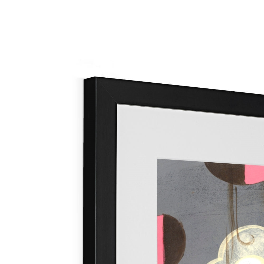 Close-up of a black Prodigi frame displaying Beyond Ice Cream Island abstract art in gray, pink, and cream on Hahnemühle German Etching paper; only part of the artwork and frame is visible.