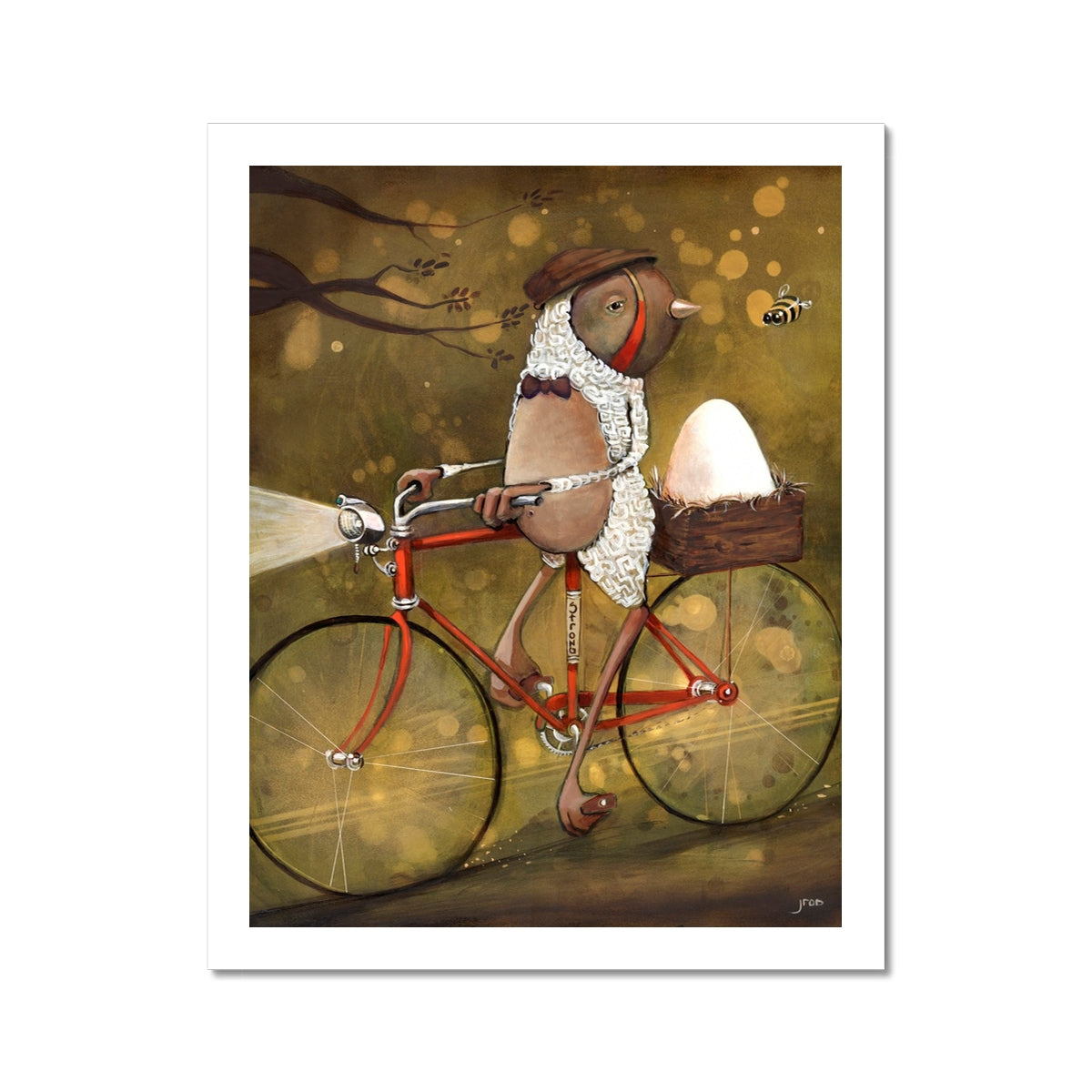 Spokes Malone by Jarrod Eastman: whimsical painting of a bird dressed in tie and cap riding a red bicycle with a nest holding an egg, playful surreal art