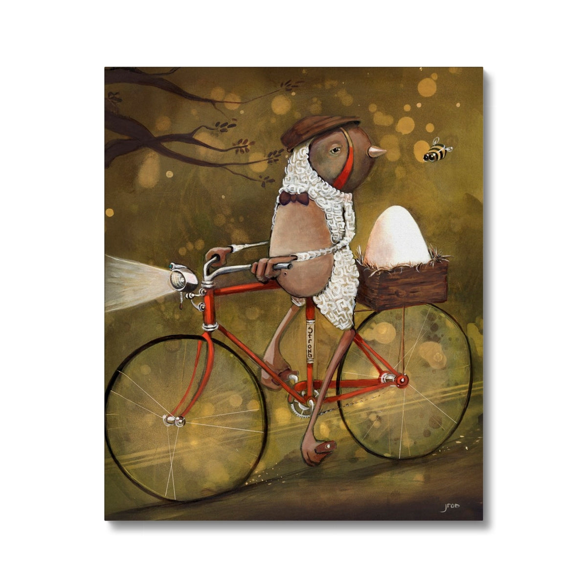 Spokes Malone by Jarrod Eastman: whimsical painting of a bird dressed in tie and cap riding a red bicycle with a nest holding an egg, playful surreal art canvas print