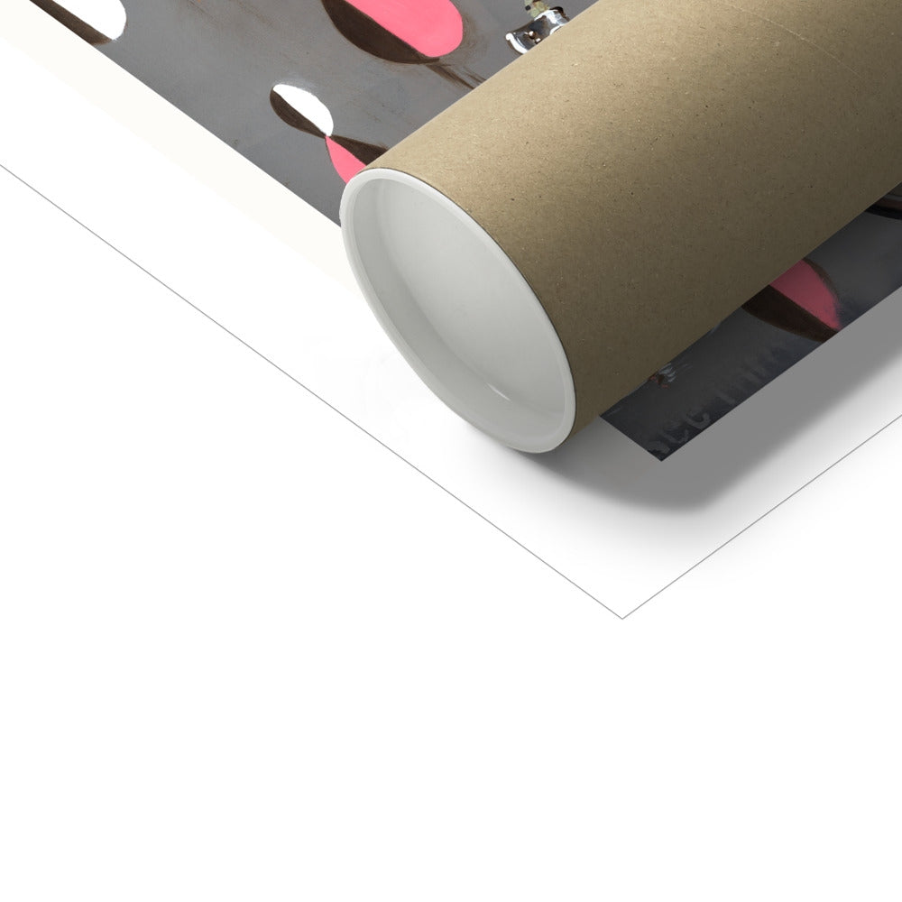 A brown cardboard tube partially covers the Beyond Ice Cream Island giclée print by Prodigi, featuring pink and black shapes on fine art paper, resting on a flat surface.