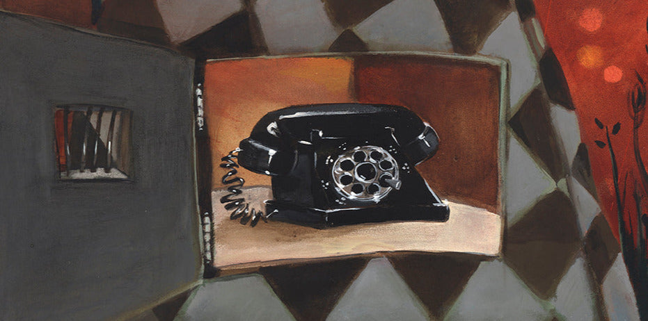 A vintage black rotary phone sits inside an open metal compartment with a barred window, set against a red and brown checkered and abstract patterned background.